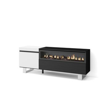 Mueble Tv, Televisión, Muebles De Salón, Almacenaje, 150x57x35cm, Para Tv Hasta 65", Chimenea Eléctrica, Diseño Industrial, Estilo Moderno, Blanco Y Negro