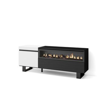 Mueble Tv, Televisión, Muebles De Salón, Almacenaje, 150x57x35cm, Para Tv Hasta 65", Chimenea Eléctrica, Diseño Industrial, Estilo Moderno, Blanco Y Negro