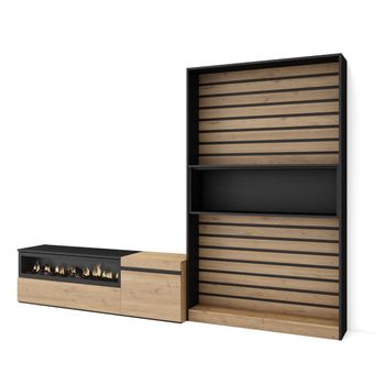 Muebles De Salón Para Tv | Conjunto De Muebles Comedor | 260x186x35cm | Para Tv Hasta 65" | Chimenea Eléctrica | Estilo Moderno | Roble Y Negro