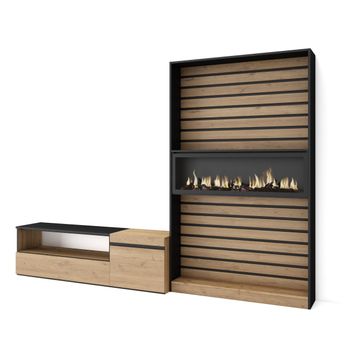 Muebles De Salón Para Tv | Conjunto De Muebles Comedor | 260x186x35cm | Para Tv Hasta 65" | Chimenea Eléctrica | Estilo Moderno | Roble Y Negro