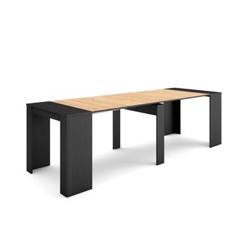 Mesa Consola Extensible, Mesa Comedor Plegable, 260, Para 12 Comensales, Comedor Y Cocina, Estilo Moderno, Negro Y Roble