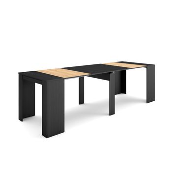 Mesa Consola Extensible, Mesa Comedor Plegable, 260, Para 12 Comensales, Comedor Y Cocina, Estilo Moderno, Negro Y Roble