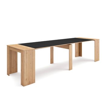 Mesa Consola Extensible, Mesa Comedor Plegable, 300, Para 14 Comensales, Comedor Y Cocina, Estilo Moderno, Roble Y Negro