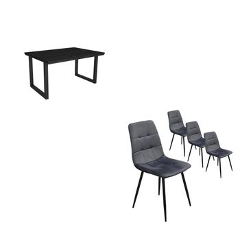 Conjunto Salón, Mesa De Comedor | 140 | Negro | Estilo Industrial, Pack De 4 Sillas De Comedor | Silla Tapizada