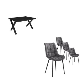 Conjunto Salón, Mesa De Comedor | 140 | Negro | Estilo Industrial, Mesa Fija, Pack De 4 Sillas De Comedor | Silla Tapizada