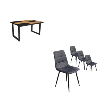 Conjunto Salón, Mesa De Comedor, 140, Roble Y Negro, Estilo Industrial, Mesa Fija, Pack De 4 Sillas De Comedor, Silla Tapizada