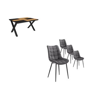 Conjunto Salón, Mesa De Comedor, 140, Roble Y Negro, Estilo Industrial, Mesa Fija, Pack De 4 Sillas De Comedor, Silla Tapizada