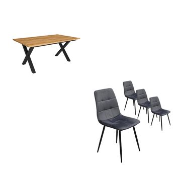 Conjunto Salón, Mesa De Comedor, 170, Roble, Estilo Industrial, Mesa Fija, Pack De 4 Sillas De Comedor, Silla Tapizada