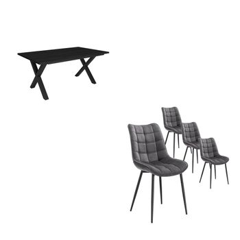 Conjunto Salón, Mesa De Comedor | 170 | Negro | Estilo Industrial, Mesa Fija, Pack De 4 Sillas De Comedor | Silla Tapizada