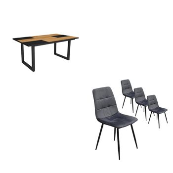 Conjunto Salón, Mesa De Comedor, 170, Roble Y Negro, Estilo Industrial, Mesa Fija, Pack De 4 Sillas De Comedor, Silla Tapizada