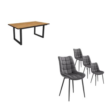 Conjunto Salón, Mesa De Comedor, 170, Roble Y Borde Negro, Industrial, Mesa Fija, Pack De 4 Sillas De Comedor, Silla Tapizada