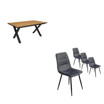 Conjunto Salón, Mesa De Comedor, 170, Roble Y Borde Negro, Industrial, Mesa Fija, Pack De 4 Sillas De Comedor, Silla Tapizada