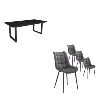 Conjunto Salón, Mesa De Comedor | 200 | Negro | Estilo Industrial, Mesa Fija, Pack De 4 Sillas De Comedor | Silla Tapizada