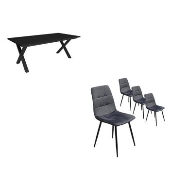 Conjunto Salón, Mesa De Comedor | 200 | Negro | Estilo Industrial, Mesa Fija, Pack De 4 Sillas De Comedor | Silla Tapizada