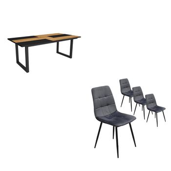 Conjunto Salón, Mesa De Comedor | 200 | Roble Y Negro | Estilo Industrial, Mesa Fija, Pack De 4 Sillas De Comedor | Silla Tapizada