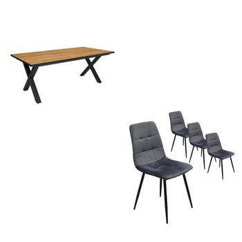 Conjunto Salón, Mesa De Comedor, 200, Roble Y Borde Negro, Industrial, Mesa Fija, Pack De 4 Sillas De Comedor, Silla Tapizada