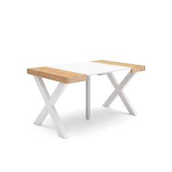 Mesa Consola Extensible | Mesa Comedor Plegable | 140 | Para 6 Comensales | Patas Madera Maciza | Estilo Moderno | Roble Y Blanco