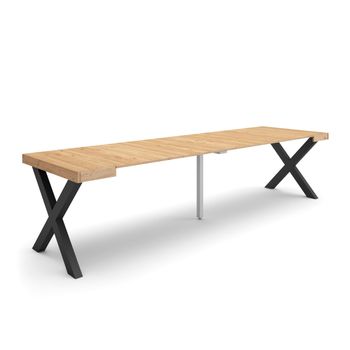 Mesa Consola Extensible, Mesa Comedor Plegable, 300, Para 14 Comensales, Patas Madera Maciza, Estilo Moderno, Roble