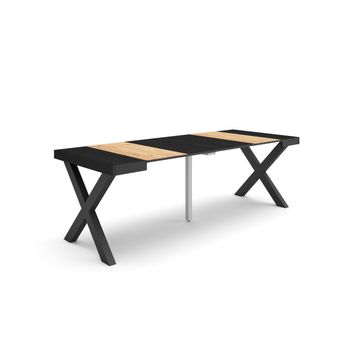 Mesa Consola Extensible, Mesa Comedor Plegable, 220, Para 10 Comensales, Patas Madera Maciza, Estilo Moderno, Roble Y Negro