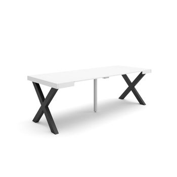 Mesa Consola Extensible, Mesa Comedor Plegable, 220, Para 10 Comensales, Patas Madera Maciza, Estilo Moderno, Blanco