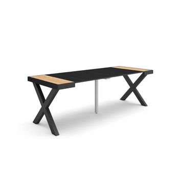 Mesa Consola Extensible, Mesa Comedor Plegable, 220, Para 10 Comensales, Patas Madera Maciza, Estilo Moderno, Roble Y Negro