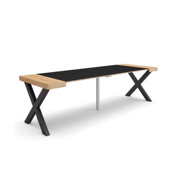 Mesa Consola Extensible, Mesa Comedor Plegable, 260, Para 12 Comensales, Patas Madera Maciza, Estilo Moderno, Roble Y Negro