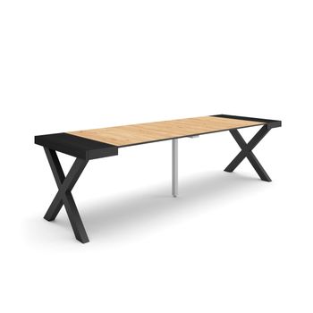 Mesa Consola Extensible, Mesa Comedor Plegable, 260, Para 12 Comensales, Patas Madera Maciza, Estilo Moderno, Roble Y Negro