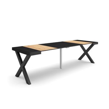 Mesa Consola Extensible, Mesa Comedor Plegable, 260, Para 12 Comensales, Patas Madera Maciza, Estilo Moderno, Roble Y Negro