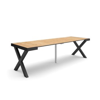 Mesa Consola Extensible, Mesa Comedor Plegable, 260, Para 12 Comensales, Patas Madera Maciza, Estilo Moderno, Roble Y Negro