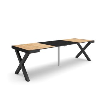 Mesa Consola Extensible, Mesa Comedor Plegable, 260, Para 12 Comensales, Patas Madera Maciza, Estilo Moderno, Roble Y Negro