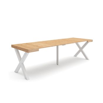 Mesa Consola Extensible, Mesa Comedor Plegable, 260, Para 12 Comensales, Patas Madera Maciza, Estilo Moderno, Roble