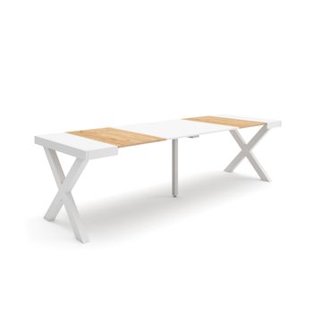 Mesa Consola Extensible, Mesa Comedor Plegable, 260, Para 12 Comensales, Patas Madera Maciza, Estilo Moderno, Roble Y Blanco