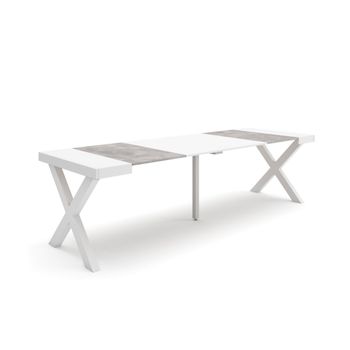 Mesa Consola Extensible, Mesa Comedor Plegable, 260, Para 12 Comensales, Patas Madera Maciza, Estilo Moderno, Blanco Y Cemento