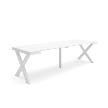 Mesa Consola Extensible, Mesa Comedor Plegable, 260, Para 12 Comensales, Patas Madera Maciza, Estilo Moderno, Blanco