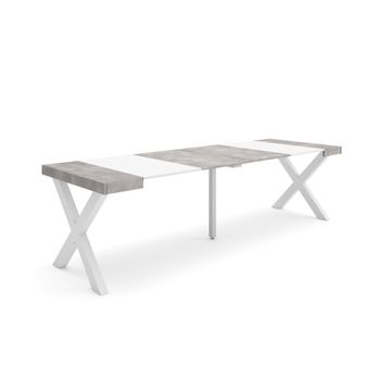 Mesa Consola Extensible, Mesa Comedor Plegable, 260, Para 12 Comensales, Patas Madera Maciza, Estilo Moderno, Blanco Y Cemento