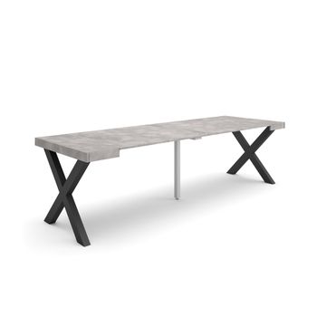 Mesa Consola Extensible, Mesa Comedor Plegable, 260, Para 12 Comensales, Patas Madera Maciza, Estilo Moderno, Cemento