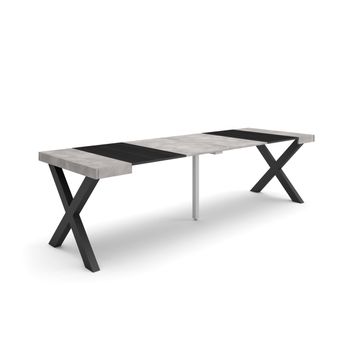 Mesa Consola Extensible, Mesa Comedor Plegable, 260, Para 12 Comensales, Patas Madera Maciza, Estilo Moderno, Cemento