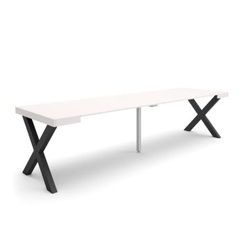 Mesa Consola Extensible, Mesa Comedor Plegable, 300, Para 14 Comensales, Patas Madera Maciza, Estilo Moderno, Blanco