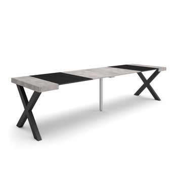 Mesa Consola Extensible, Mesa Comedor Plegable, 300, Para 14 Comensales, Patas Madera Maciza, Estilo Moderno, Cemento