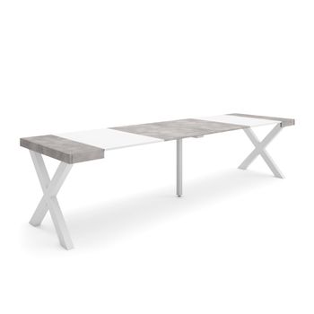 Mesa Consola Extensible, Mesa Comedor Plegable, 300, Para 14 Comensales, Patas Madera Maciza, Estilo Moderno, Blanco Y Cemento