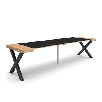 Mesa Consola Extensible, Mesa Comedor Plegable, 300, Para 14 Comensales, Patas Madera Maciza, Estilo Moderno, Roble Y Negro