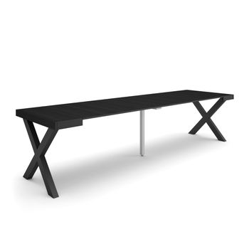 Mesa Consola Extensible, Mesa Comedor Plegable, 300, Para 14 Comensales, Patas Madera Maciza, Estilo Moderno, Negro