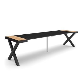 Mesa Consola Extensible, Mesa Comedor Plegable, 300, Para 14 Comensales, Patas Madera Maciza, Estilo Moderno, Roble Y Negro