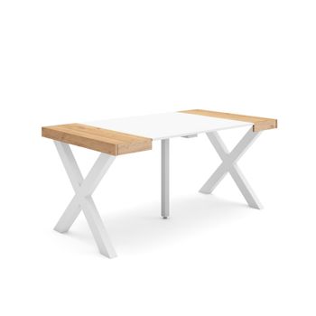 Mesa Consola Extensible, Mesa Comedor Plegable, 160, Para 8 Comensales, Patas Madera Maciza, Estilo Moderno, Roble Y Blanco