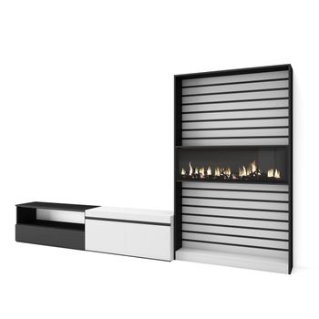 Muebles De Salón Para Tv, Conjunto De Muebles Comedor, 310x186x35cm, Para Tv Hasta 80", Chimenea Eléctrica, Estilo Moderno, Blanco Y Negro