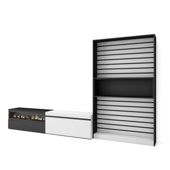 Muebles De Salón Para Tv, Conjunto De Muebles Comedor, 310x186x35cm, Para Tv Hasta 80", Chimenea Eléctrica, Estilo Moderno, Blanco Y Negro