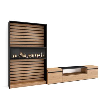 Muebles de Salón para TV, 260x186x35cm, Para TV hasta 65, Chimenea  eléctrica, Blanco y negro