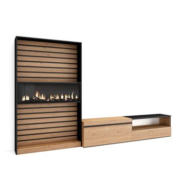 Muebles De Salón Para Tv, Conjunto De Muebles Comedor, 310x186x35cm, Para Tv Hasta 80", Chimenea Eléctrica, Estilo Moderno, Roble Y Negro