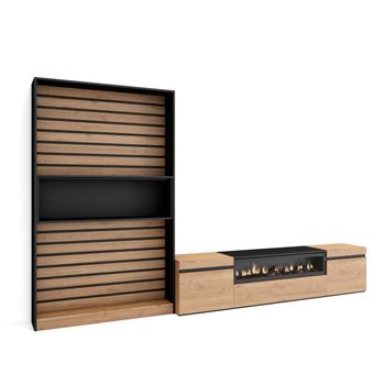 Muebles De Salón Para Tv | Conjunto De Muebles Comedor | 310x186x35cm | Para Tv Hasta 80" | Chimenea Eléctrica | Estilo Moderno | Roble Y Negro