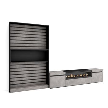 Muebles De Salón Para Tv, Conjunto De Muebles Comedor, 310x186x35cm, Para Tv Hasta 80", Chimenea Eléctrica, Estilo Moderno, Cemento